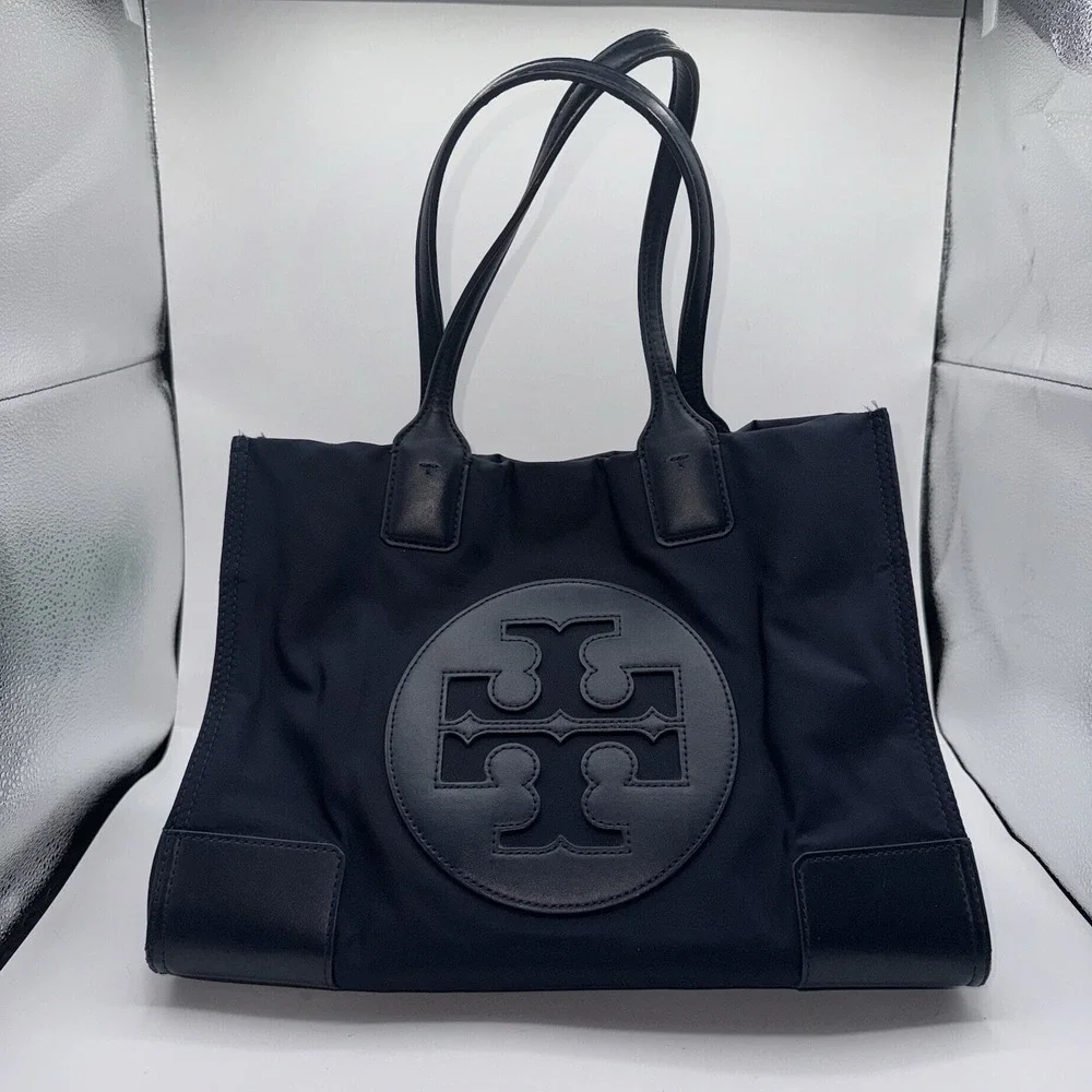 Tory Burch Ella Tote Navy Nylon Small‎ Bag Largo Logo Patch Double Handle